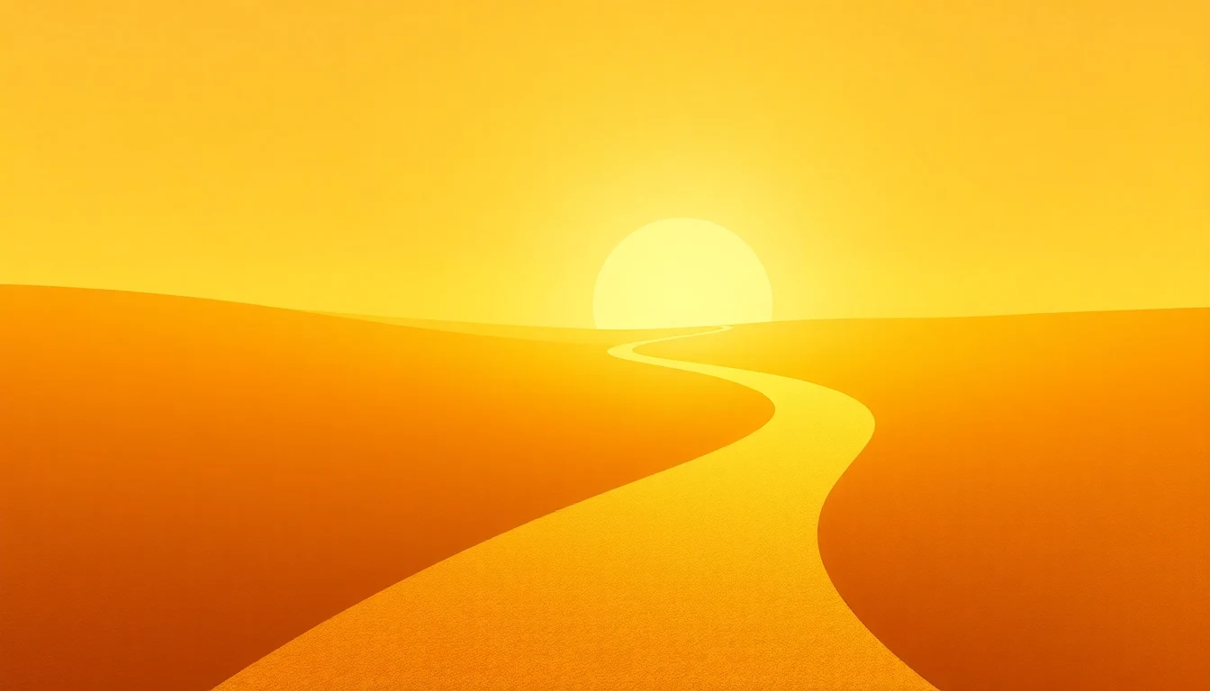 Geschwungener goldener Pfad führt durch eine warme Landschaft Richtung Horizont, Symbol für gangbare nächste Schritte