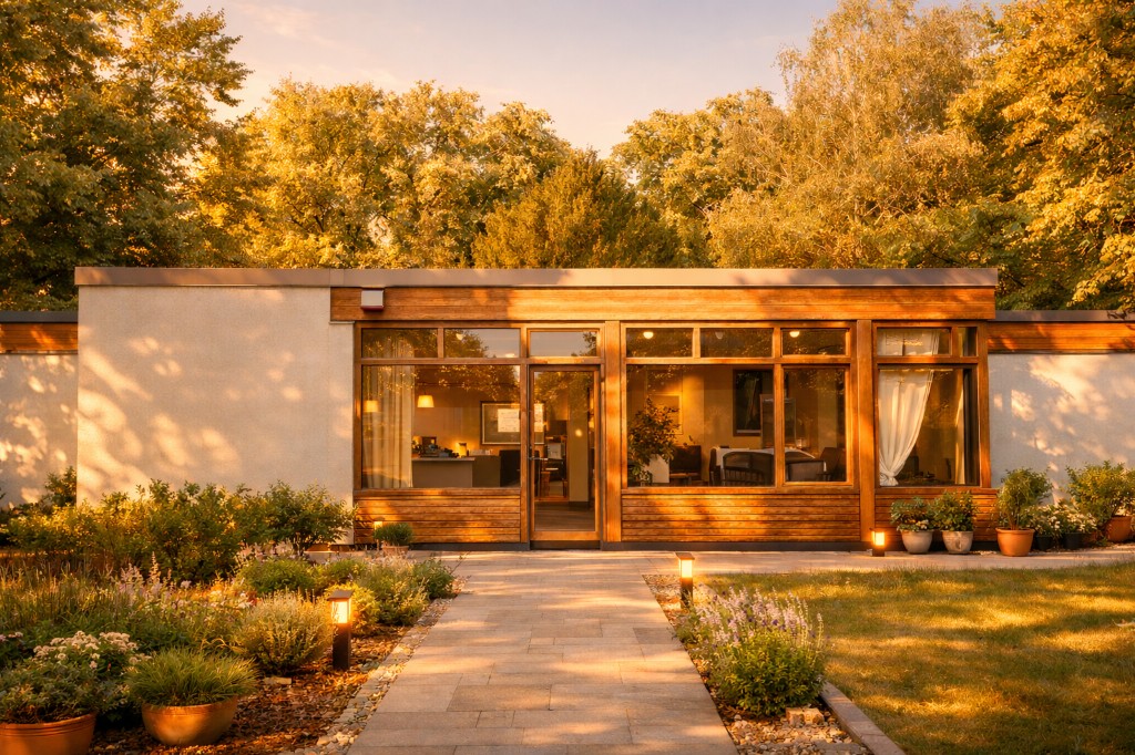 Psychotherapiepraxis für systemische Therapie in Berlin-Wilmersdorf (Schmargendorf): Eingang mit Gartenweg, Glasfront und ruhigem Grün im goldenen Licht.